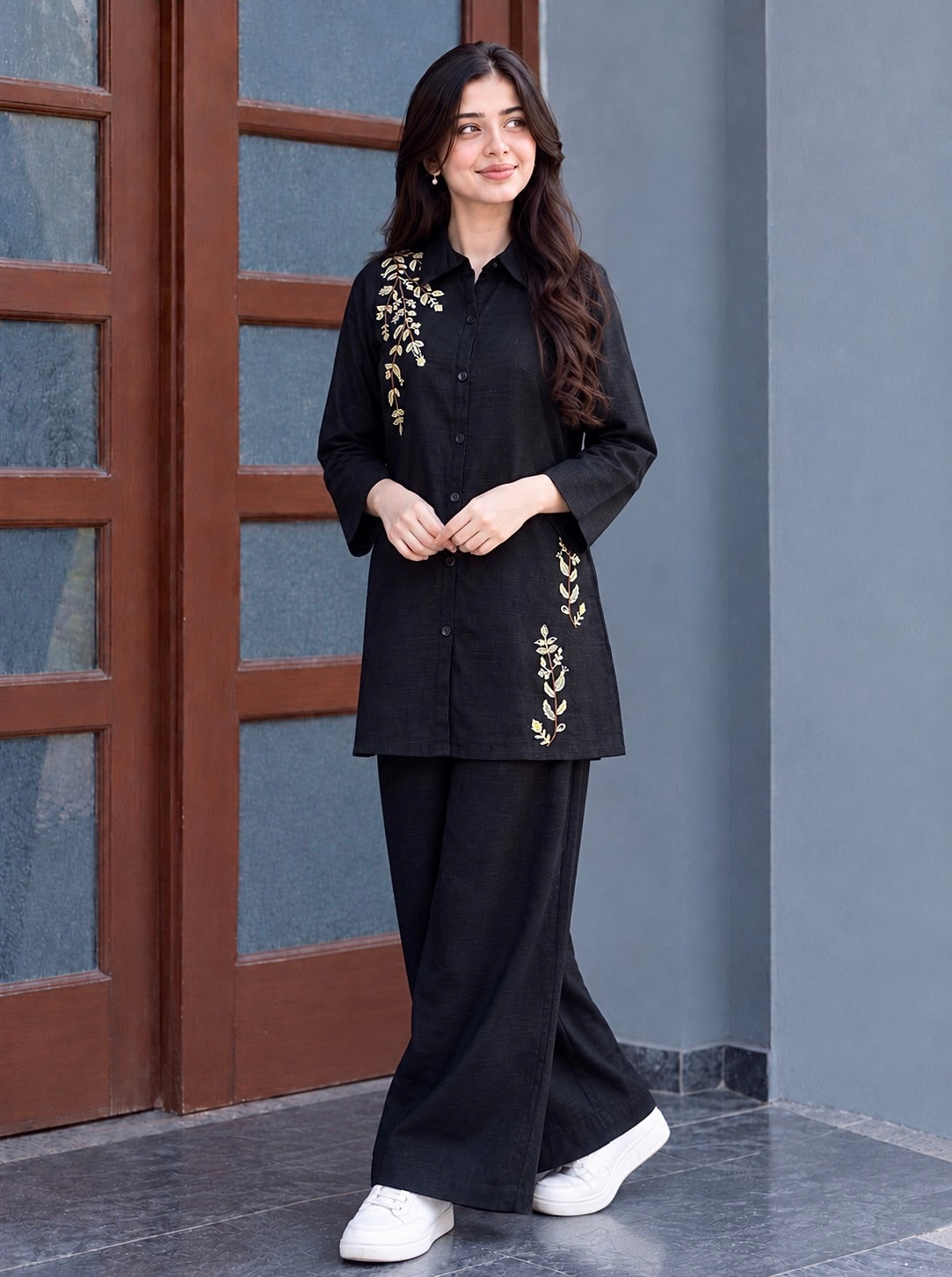 Midnight Black Embroidered Khaddar Co-Ord Set
