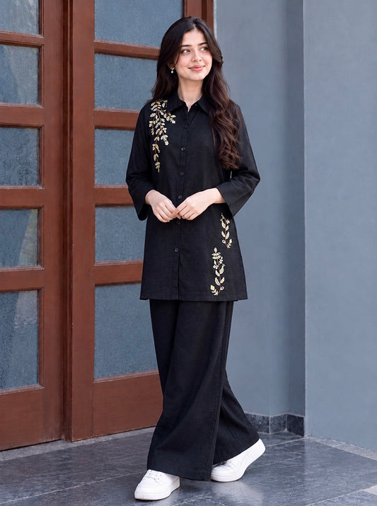 Midnight Black Embroidered Khaddar Co-Ord Set