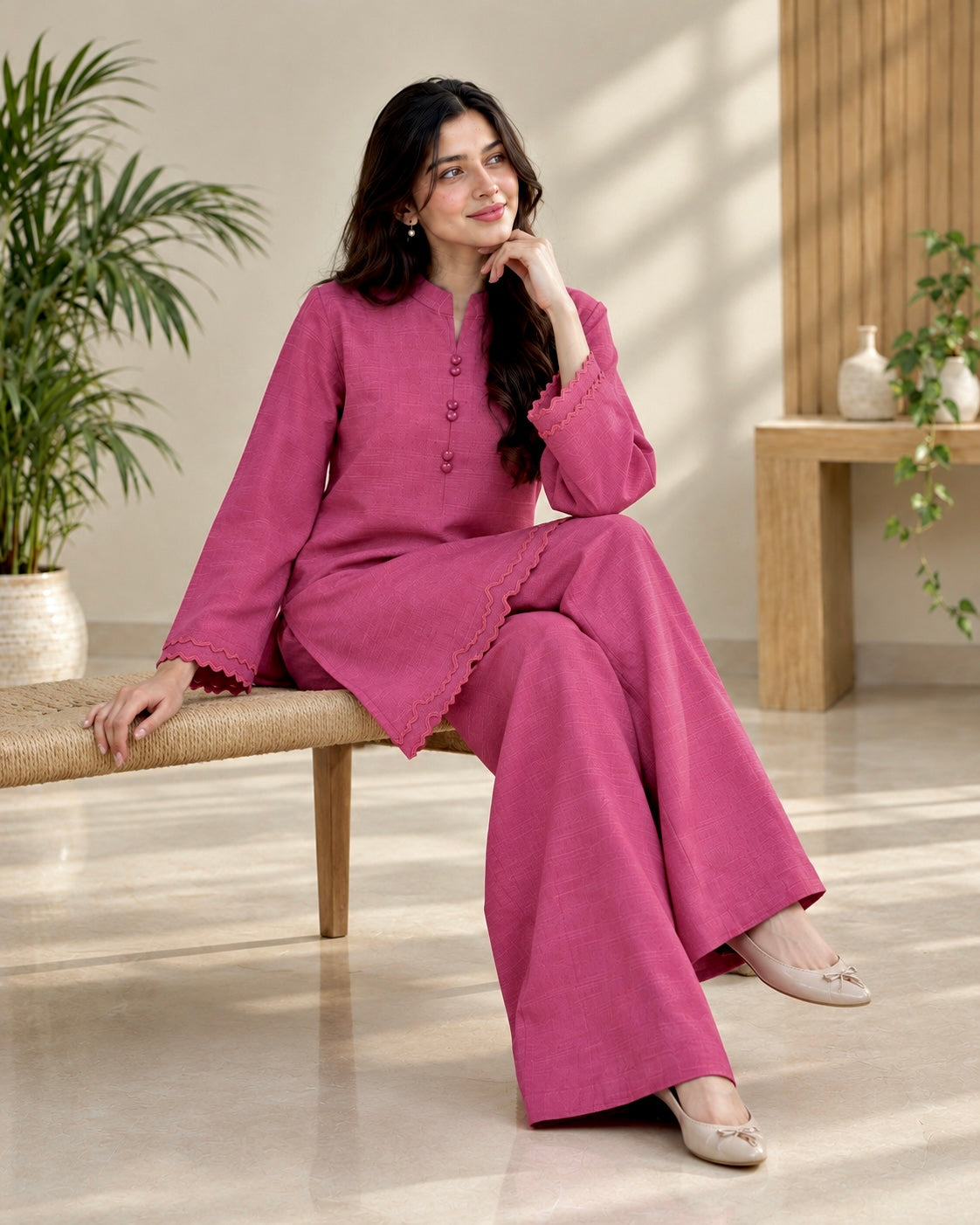 Tea Pink Embroidered Khaddar Co-Ord Set