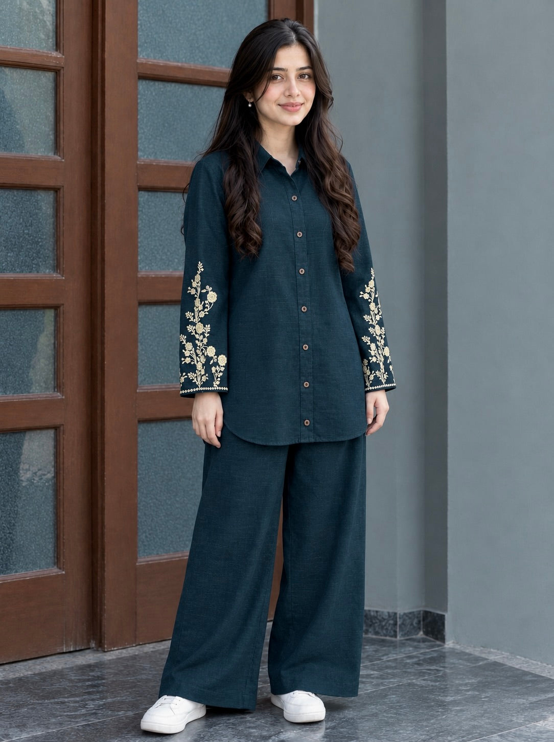 Royal Teal Khaddar Embroidered Co-Ord Set