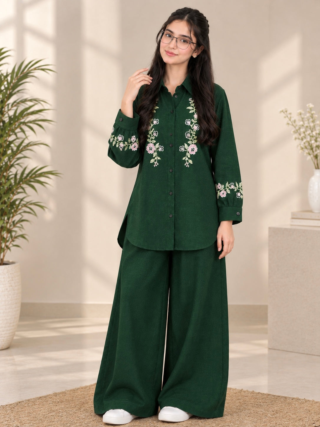 Royal Green Embroidered Khaddar Co-Ord Set