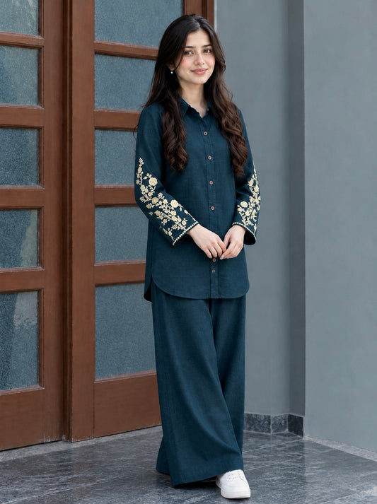 Royal Teal Khaddar Embroidered Co-Ord Set (Minor Defect)
