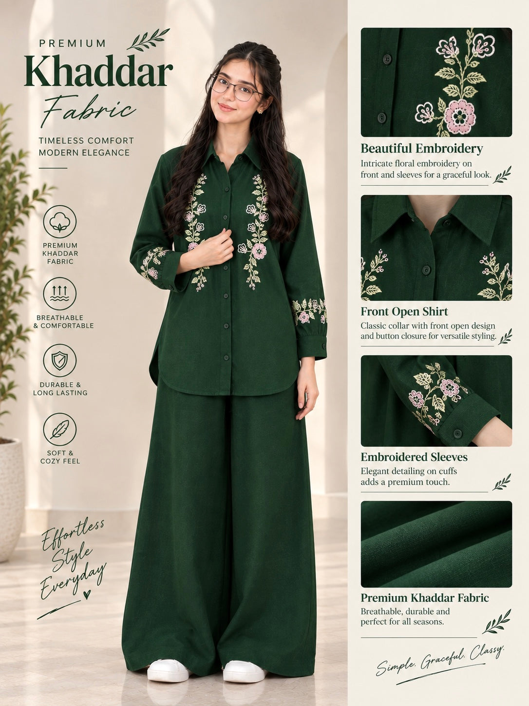 Royal Green Embroidered Khaddar Co-Ord Set