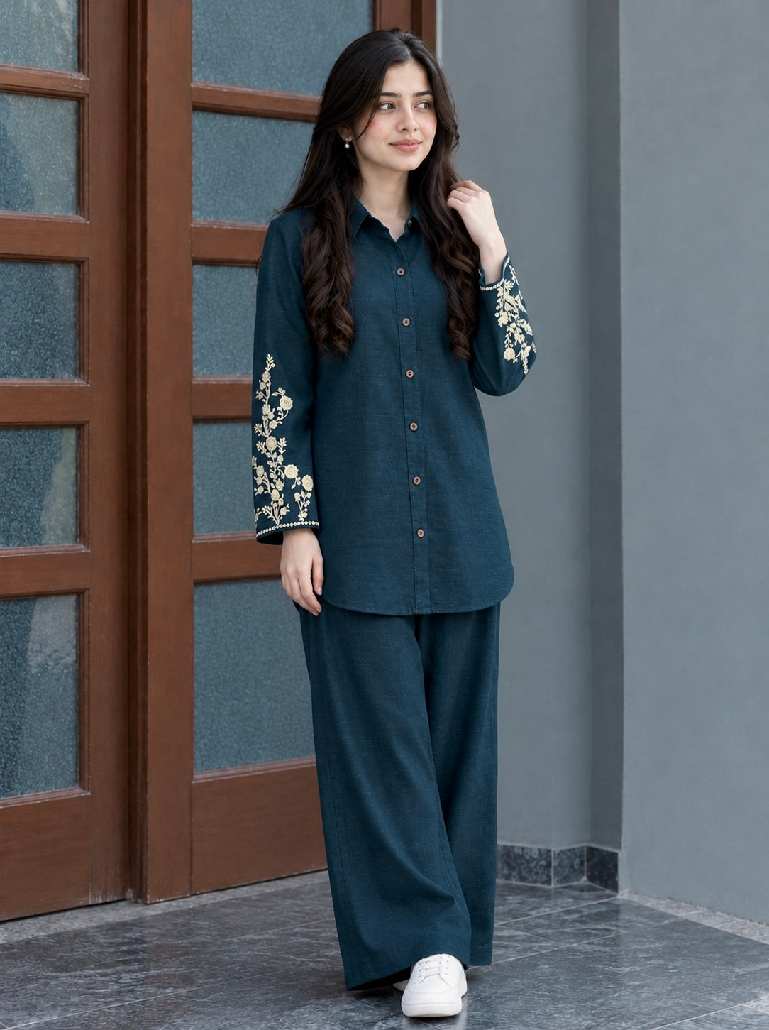 Royal Teal Khaddar Embroidered Co-Ord Set
