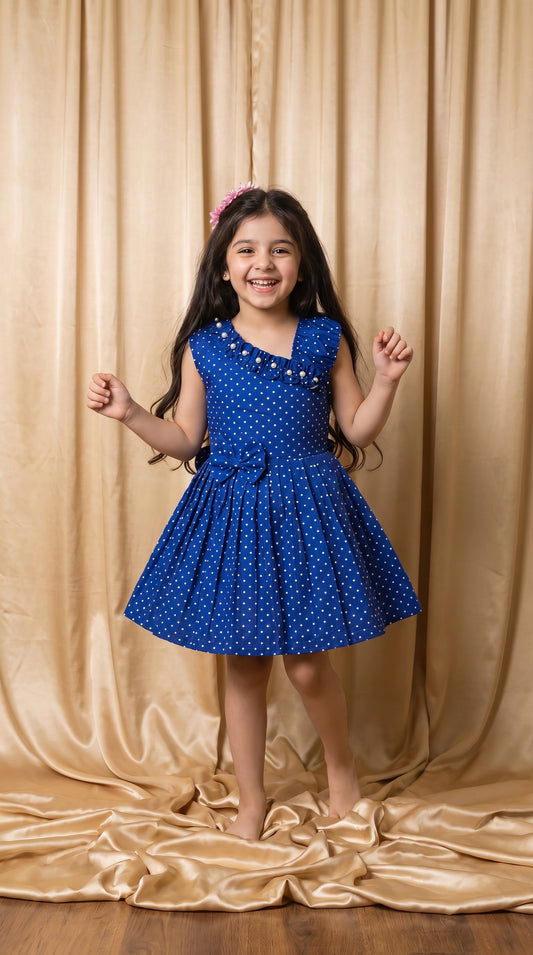 Blue Polka Dot Cotton Frock (M075)