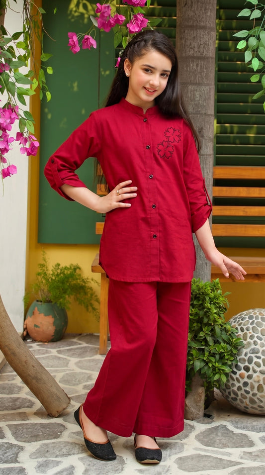 Red Embroidered Khaddar Co-Ord Set (Minor Defect)