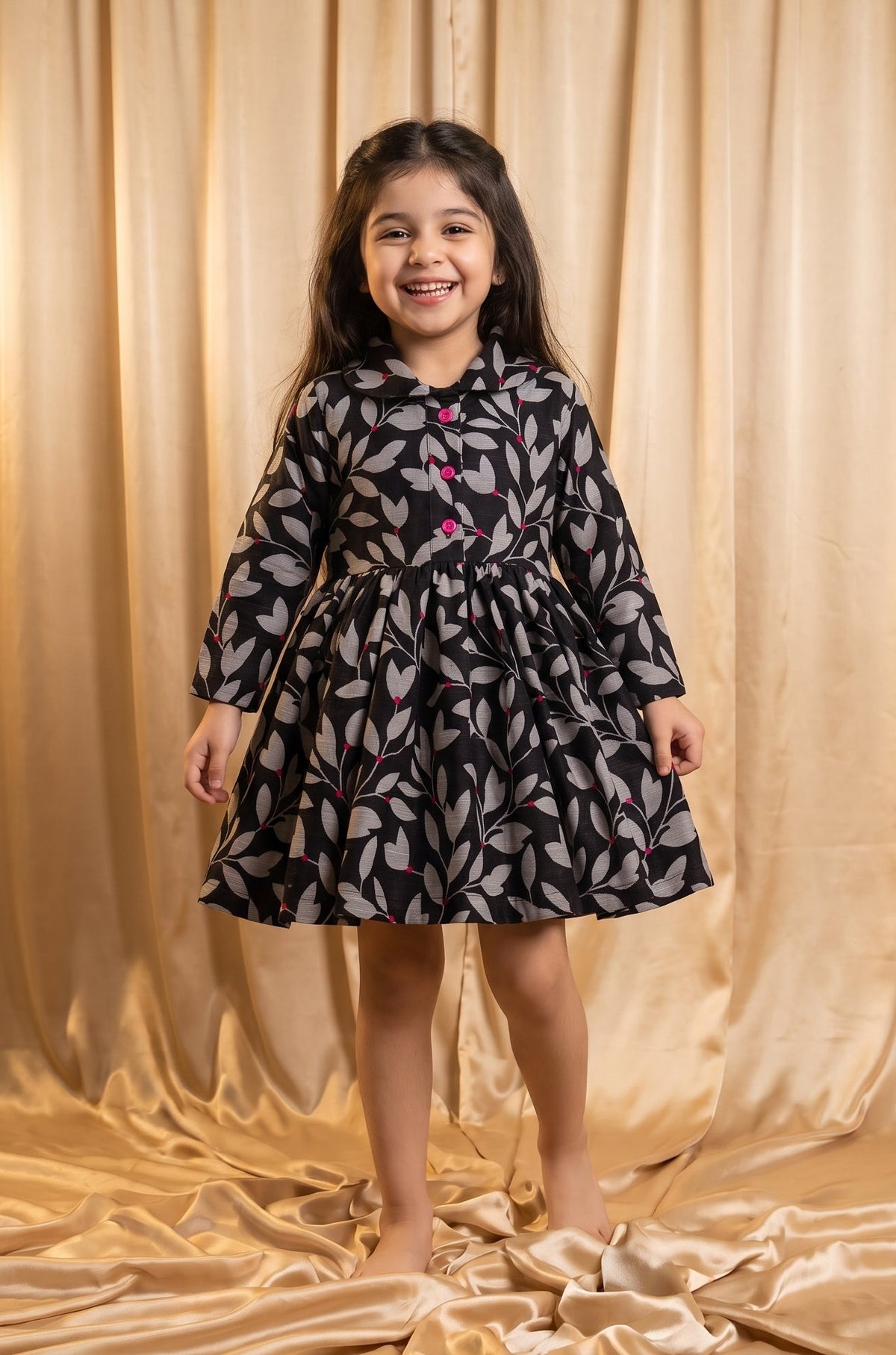 Black Grey Leaf Khaddar Frock (M082)