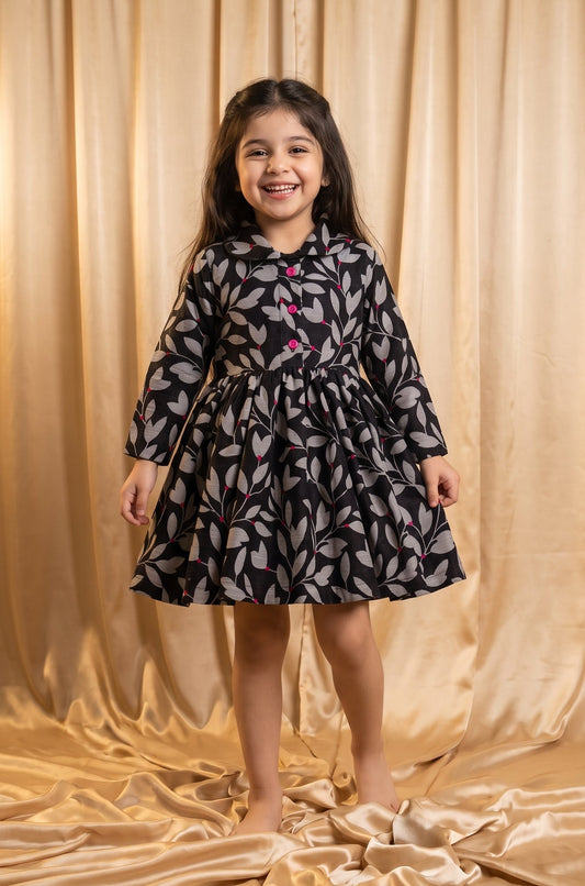Black Grey Leaf Khaddar Frock (Minor Defect)