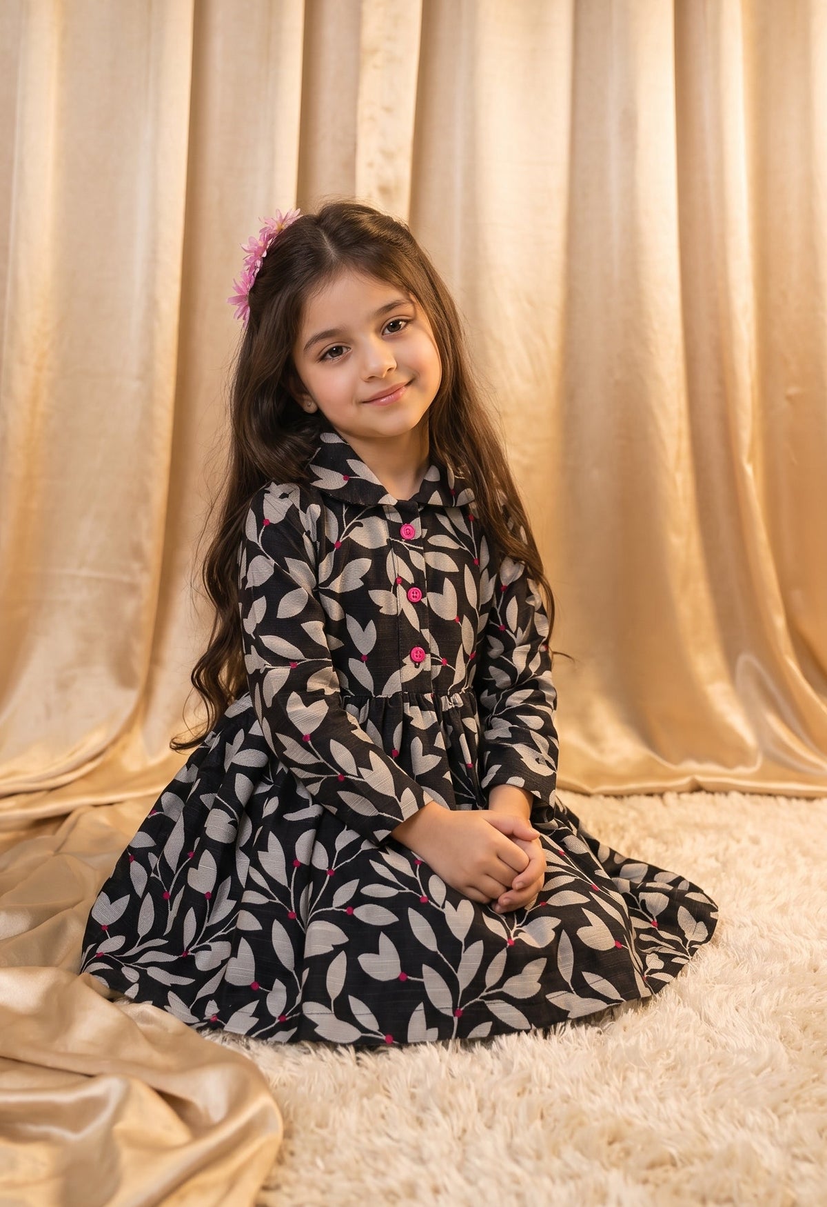 Black Grey Leaf Khaddar Frock (M082)