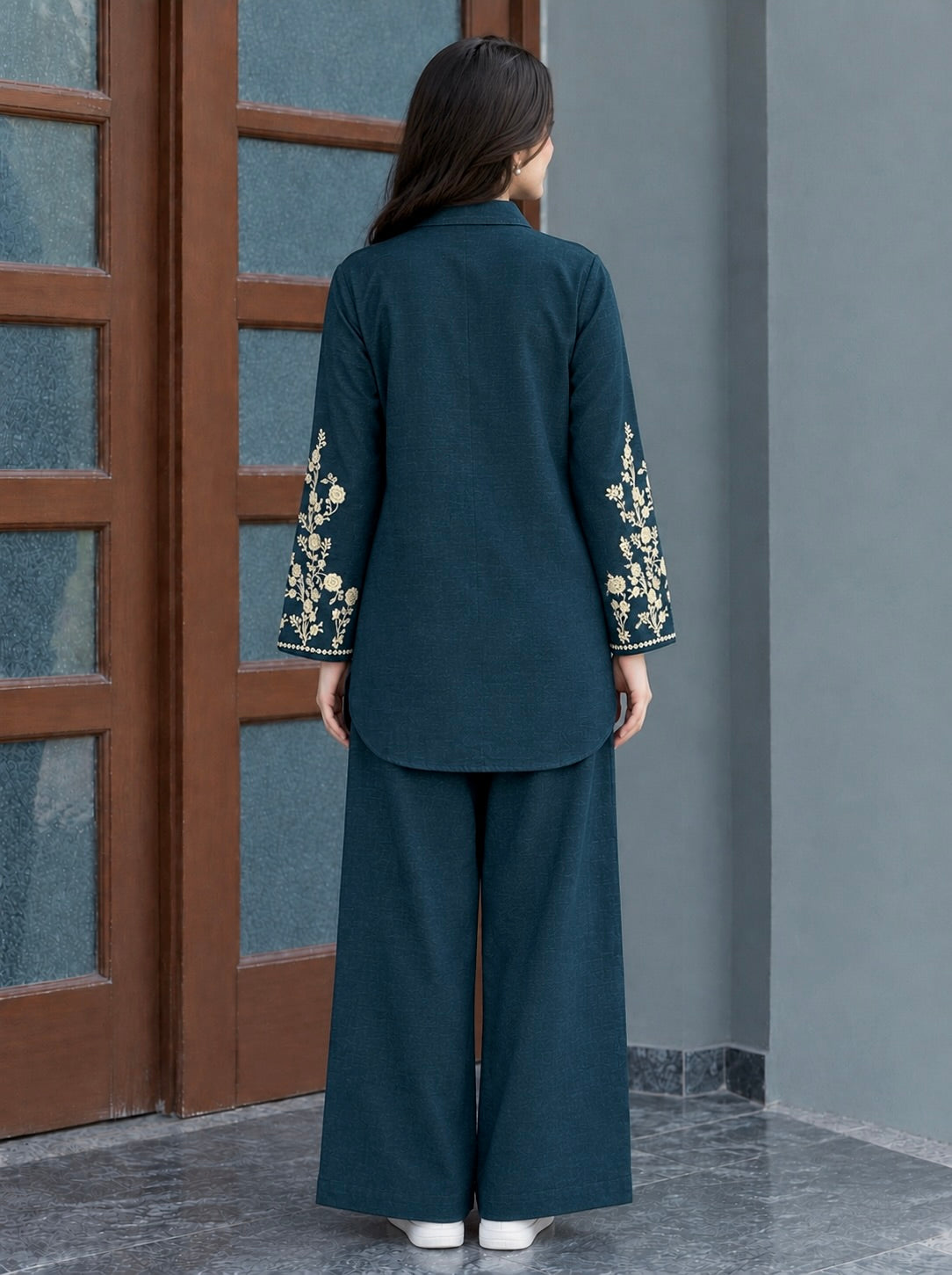 Royal Teal Khaddar Embroidered Co-Ord Set