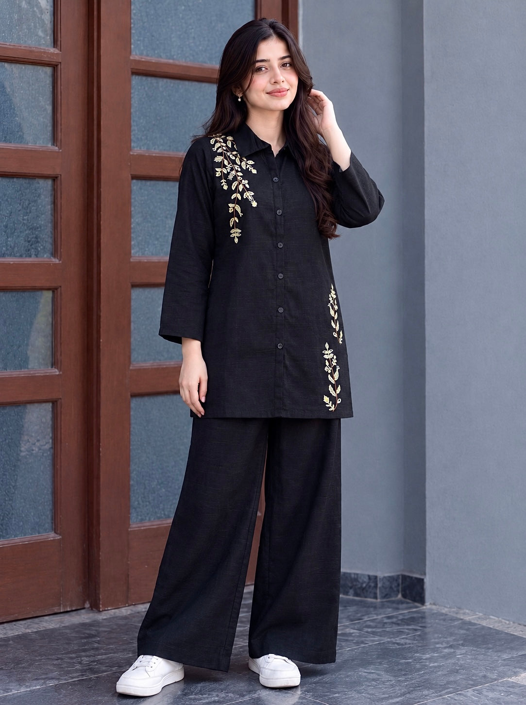 Midnight Black Embroidered Khaddar Co-Ord Set