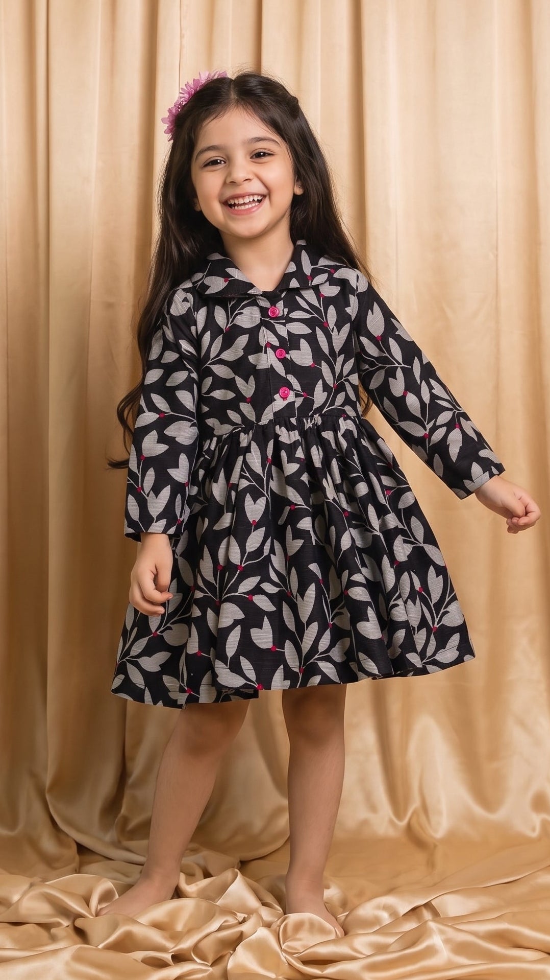 Black Grey Leaf Khaddar Frock (M082)