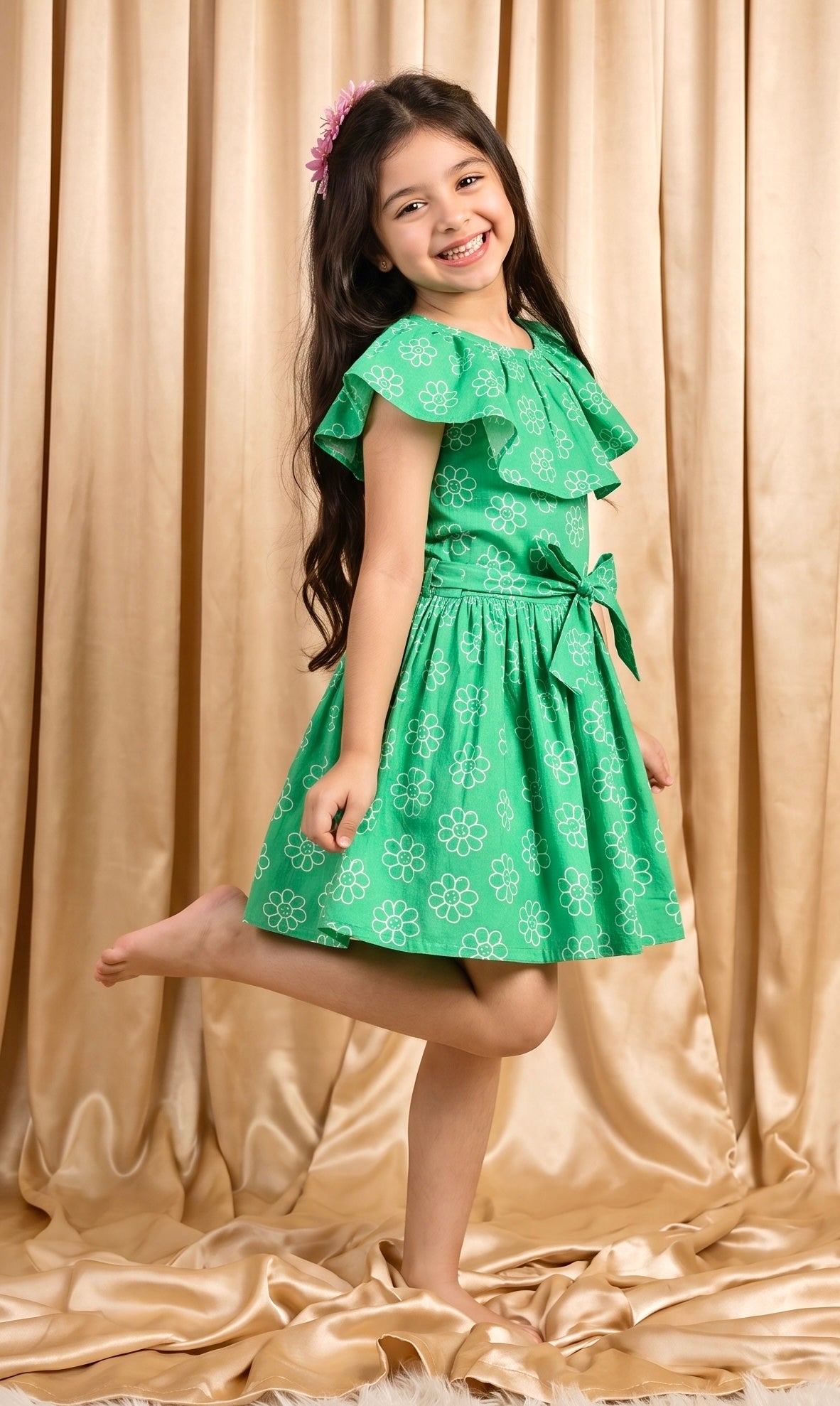 Green Floral Cotton Frock (M065)