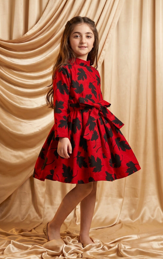 Premium Red Black Leaf Khaddar Frock (Minor Defect)