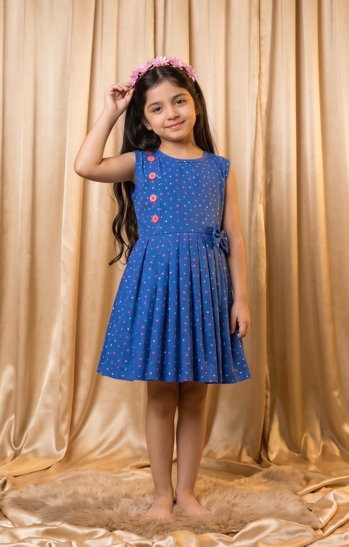 Blue Multi Polka Dot Cotton Frock (M072)