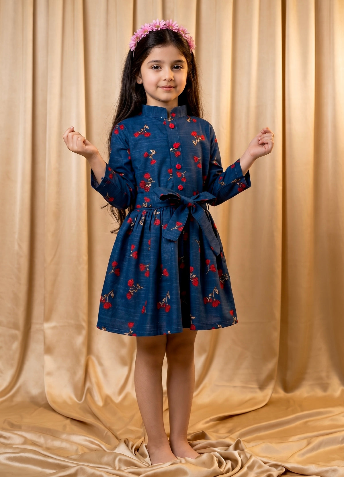 Navy Blue Red Floral Khaddar Frock (M095)
