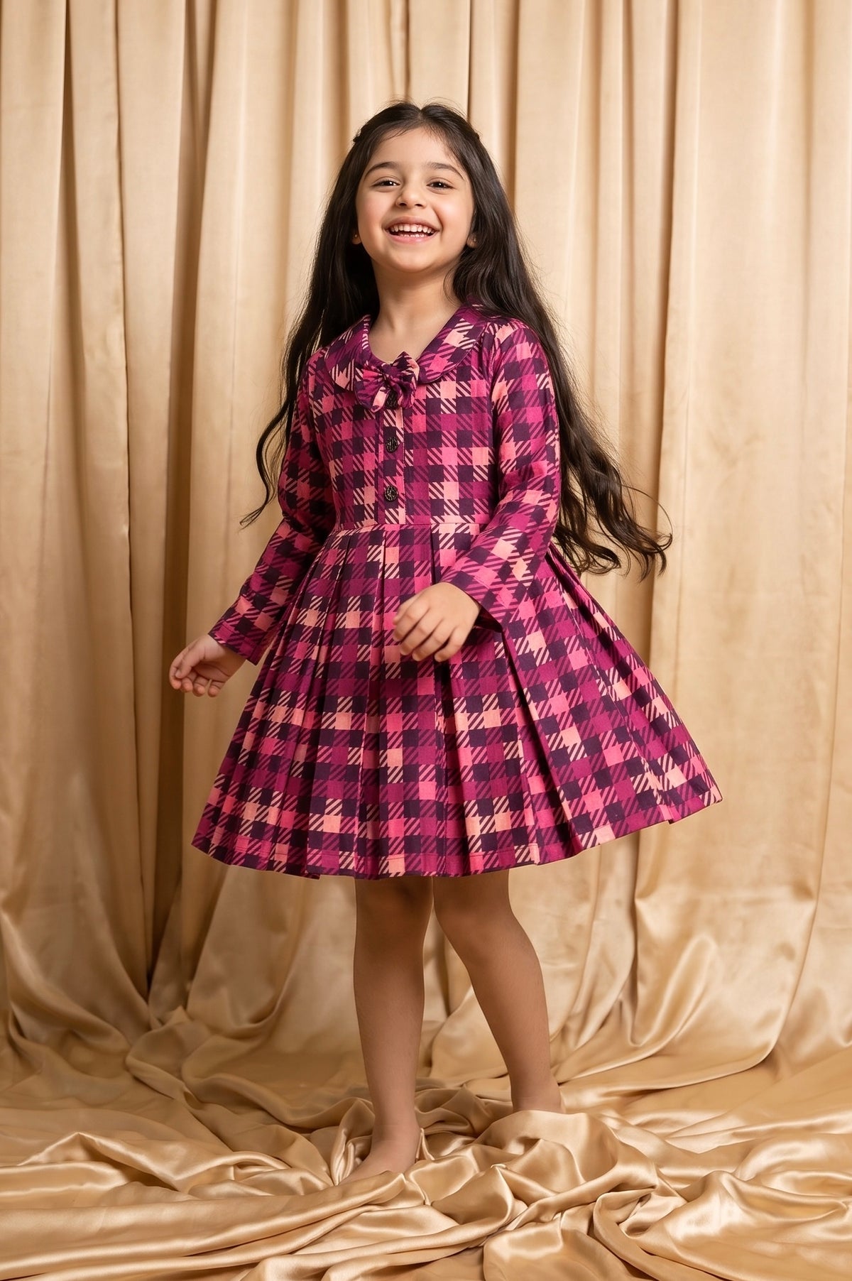 Sweet Magenta Check Winter Cotton Frock (M100)