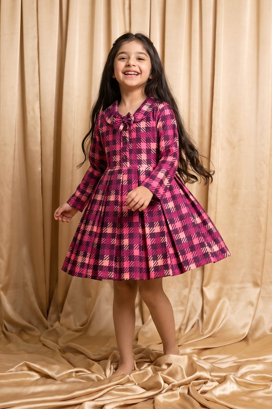 Sweet Magenta Check Winter Cotton Frock (M100)