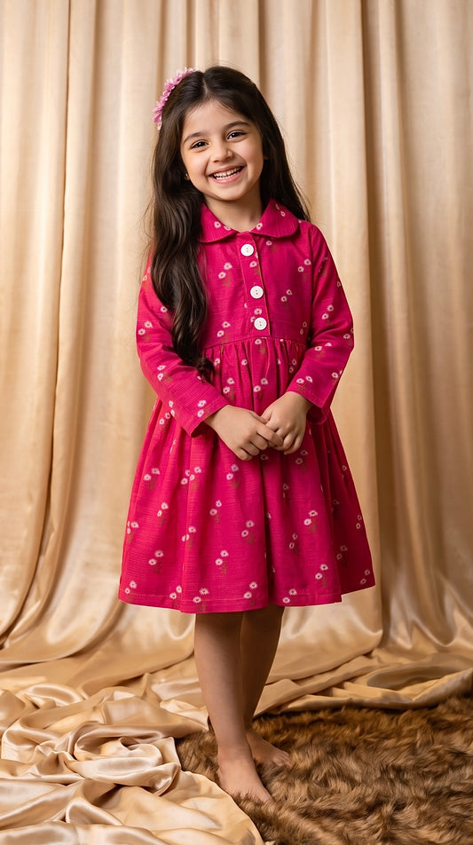 Pink Floral Khaddar Frock (M091) (Minor Defect)