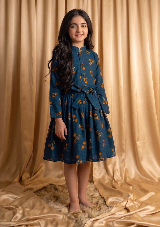 Deep Teal Blue Khaddar Frock (M089)