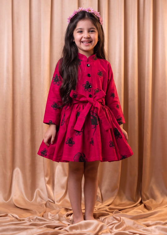 Pink Floral Khaddar Frock (M097)
