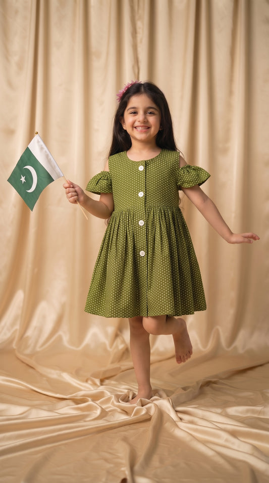 Green Polka Dots Cotton Frock (M051)