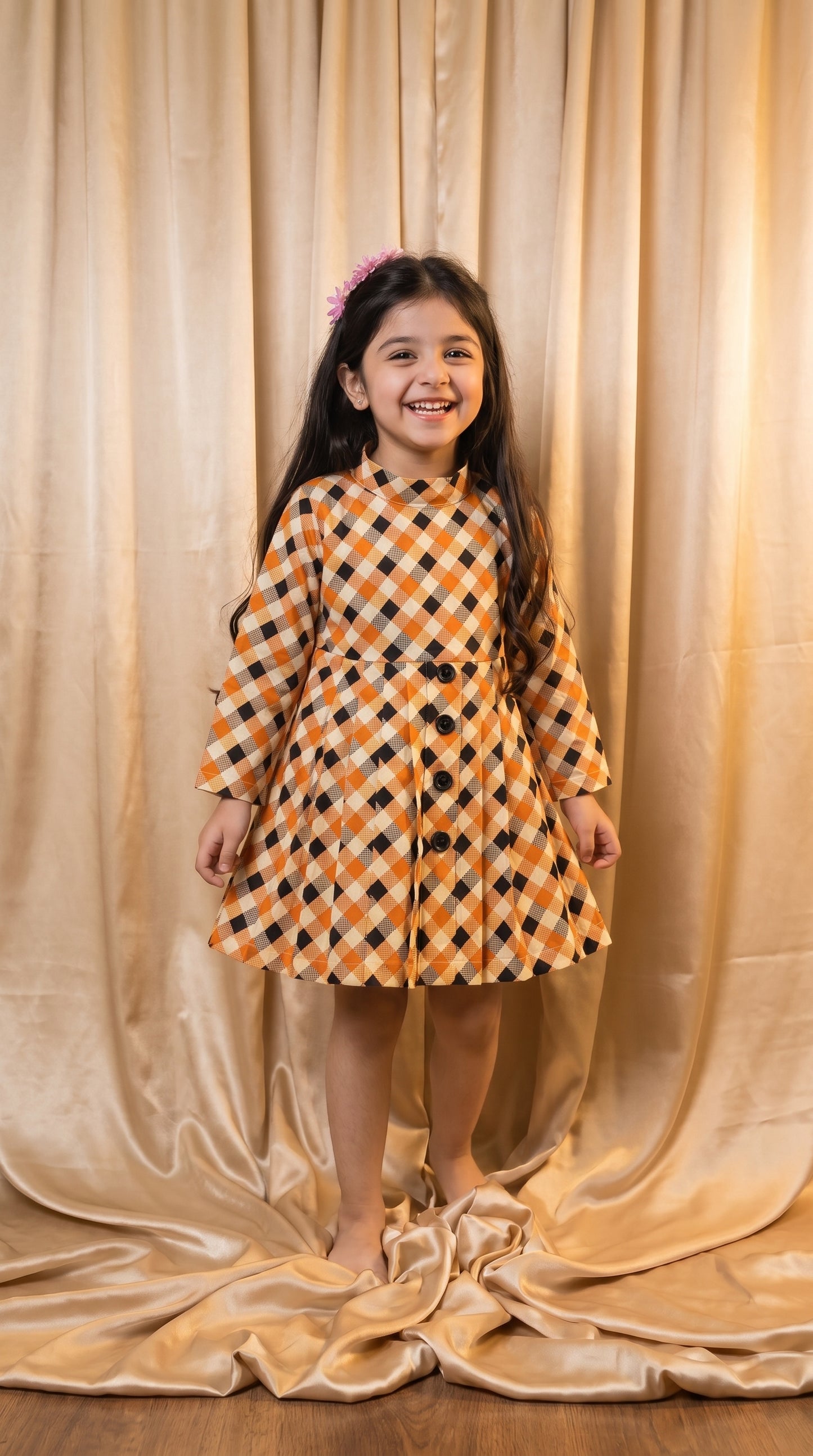 Orange & Black Checkered Cotton Frock (M062)