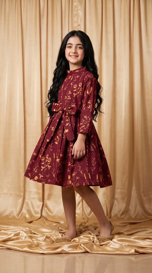 Maroon Floral Khaddar Frock (Minor Defect)